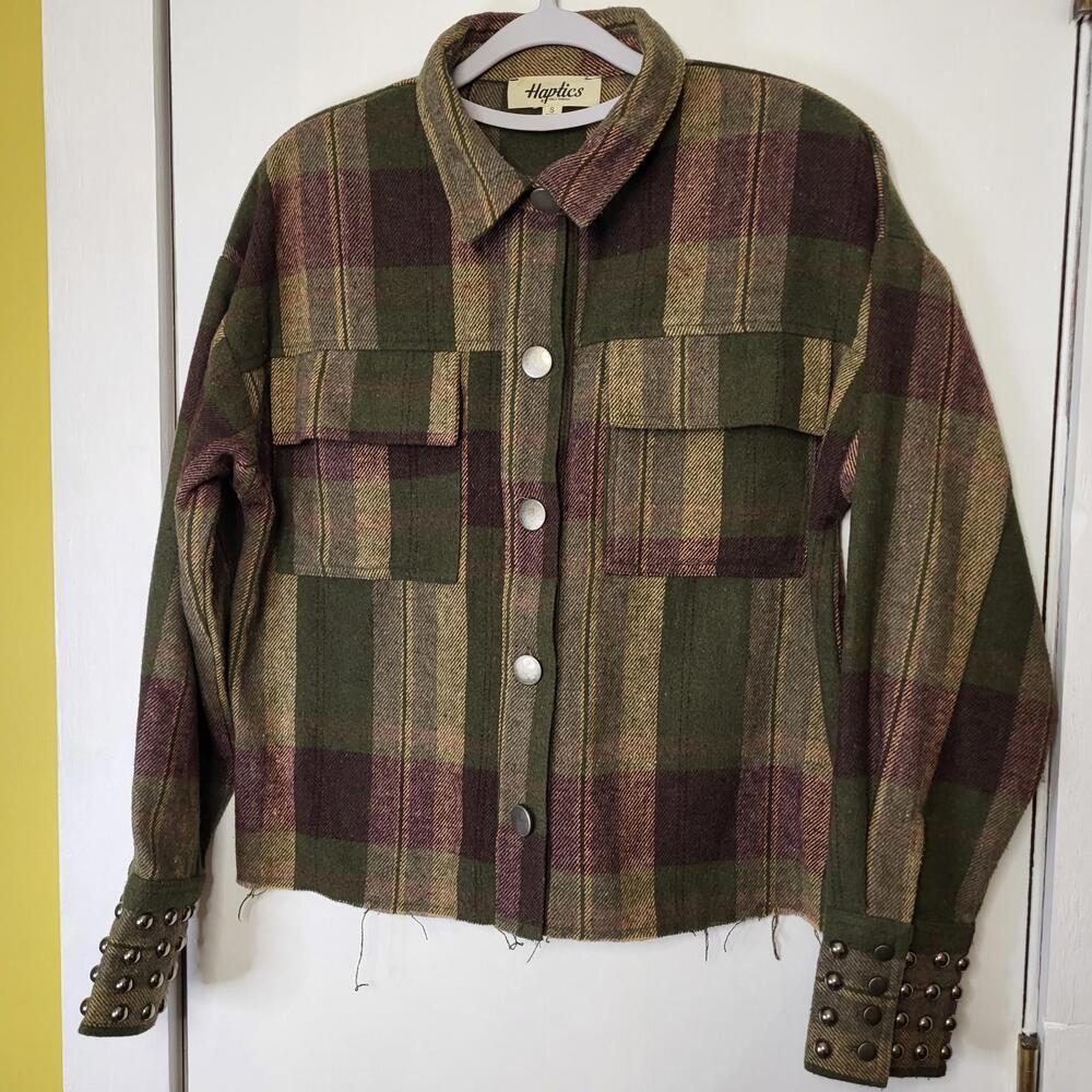 Haptics plaid flannel shacket with large silver buttons and studded cuffs sz S